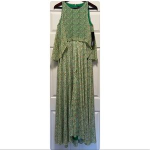 NWT Badgley Mischka Abstract Green Orange Yellow Flowing Maxi Dress